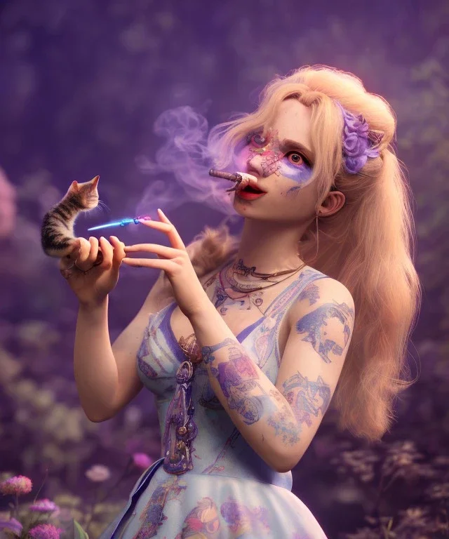 Ultra realistic wonderland photo, happy blonde woman smoking a shisha, blue dress, purple-cat friend, circus dress style, old school tattoo, smoke, marijuana garden, glow eyes, perfect iris, soft color, highly detailed, unreal engine 5, cinematic, ultra detail, volumetric lighting, high definition.