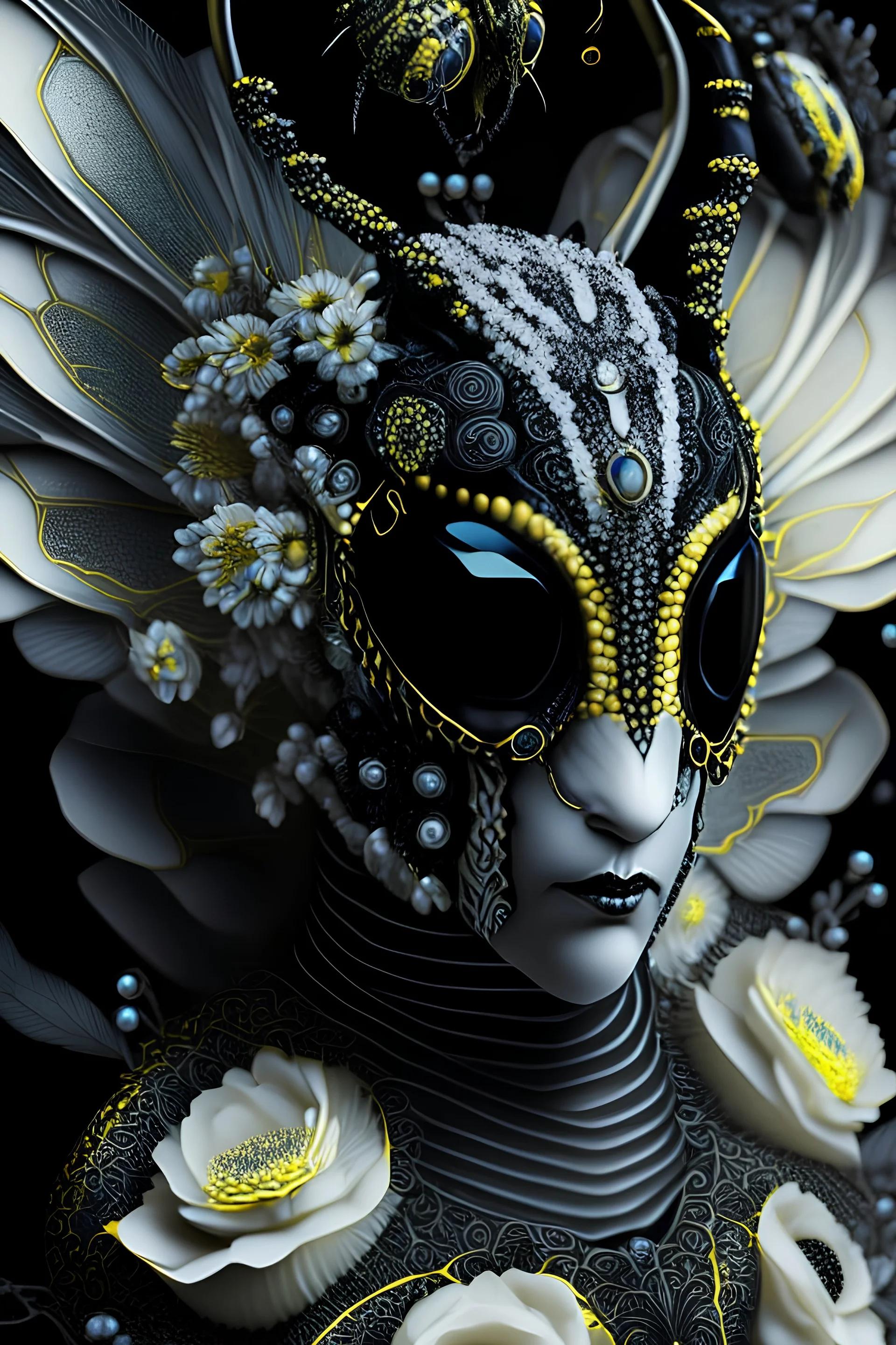 beautiful wasp portrait, textured detailed bioluminescence black and yellow wings adorned with renaissance style silver and black and white pearls, and black diamond headdress and masque, white and black and yellow florals, organic bio spinal ribbed detail of detailed creative rennaisance style light blue colour florwers by moonlight background expressively, extremely detailed hyperrealistic maximálist concept art