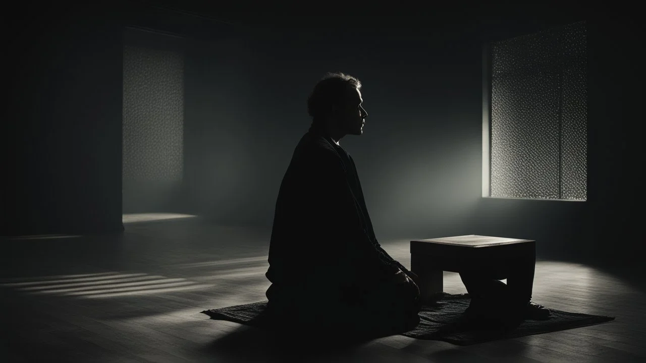 في الصورة، يظهر رجل جالس على كرسي في غرفة مظلمة. وجهه غير واضح، لكن يمكن رؤية عينيه مغمضتين. الرجل يرتدي ملابس سوداء، ويبدو أنه في حالة من الهدوء والتأمل.