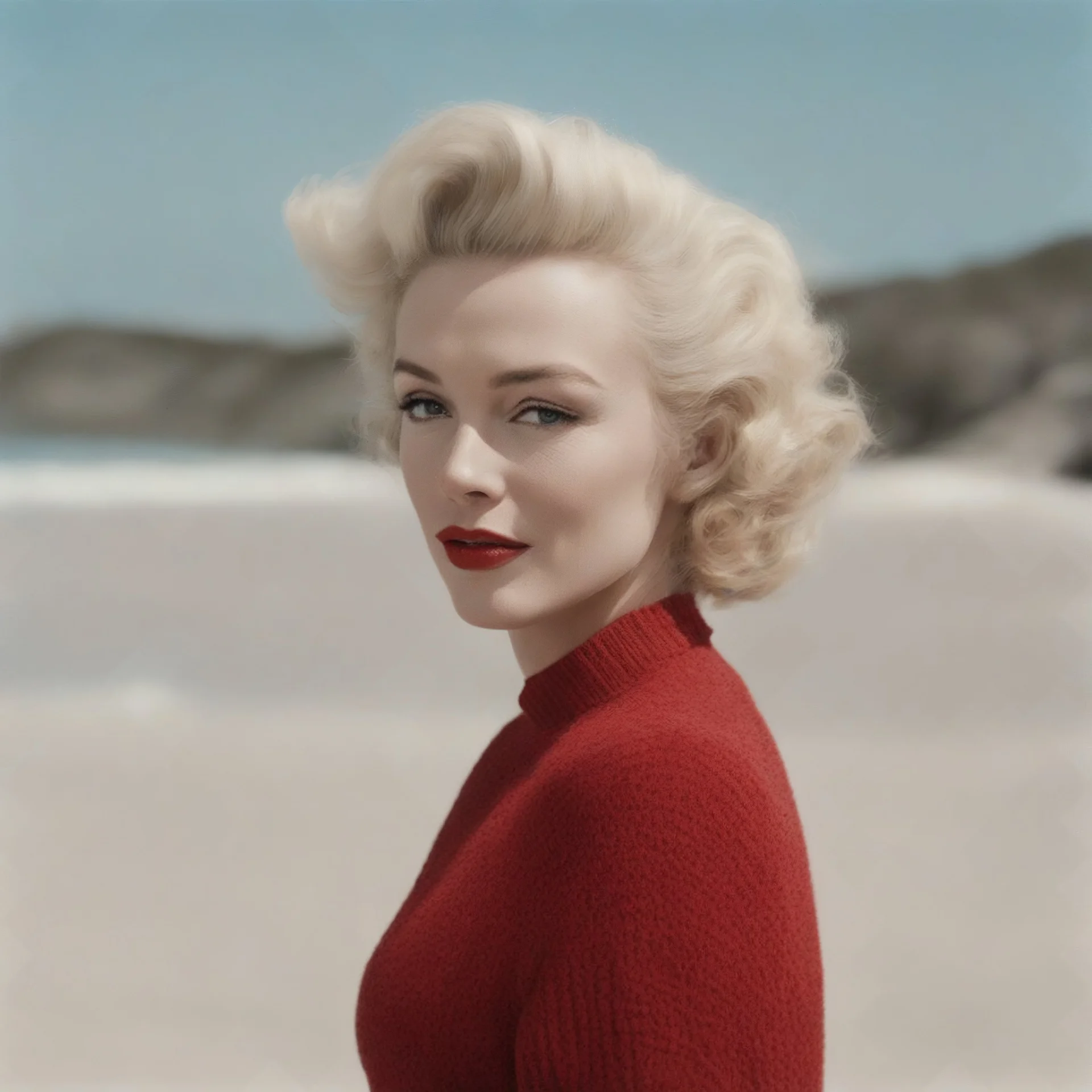Marilyn monroe with pony tail, in a large red woollen sweater, on the beach, in the sun