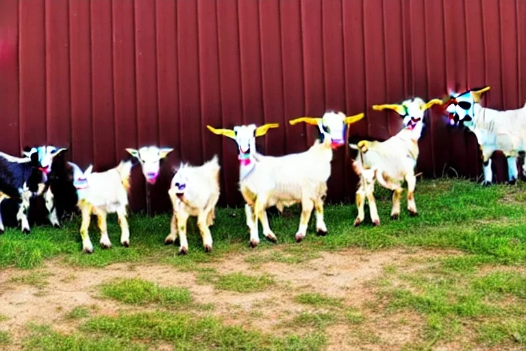  7 different Goats with unique colors posing on a farm with a barn in rococo style