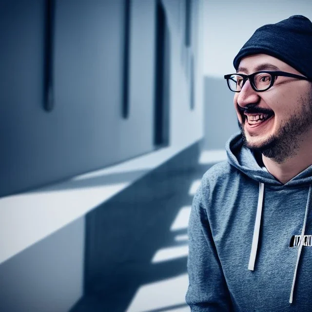 portrait of a Ken Block, wearing a hoodie, glasses, 30 years, good and kind, smile, 4k resolution, soft smooth lighting, light face, elegant, atmospheric, realistic, cinematic lighting, soft light atmosphere, unreal engine 5