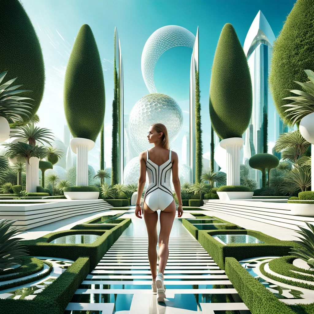 Highly detailed and intricate 3D fractal recursive art, featuring a single young woman/girl wearing fashionable modern clothing, walking directly towards the camera through a lush, futuristic villa garden. The garden is part of a larger technologically-advanced city, with towering skyscrapers and floating vehicles visible in the background. The garden itself is a verdant oasis, with exotic flora, flowing water features, and a seamless integration of natural and artificial elements. Holographic