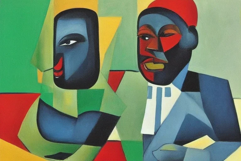 Cubist painting of gary coleman sitting on a green table