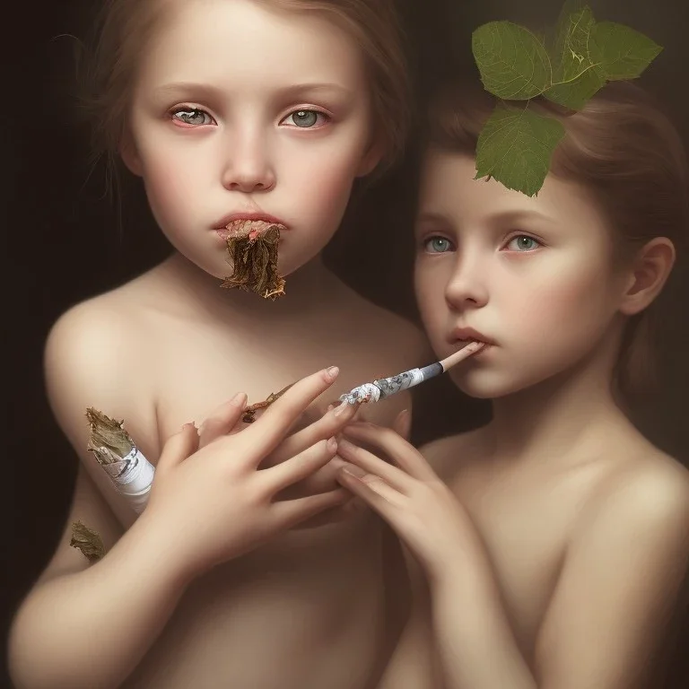 Portrait of a beautiful but angry child smoking a leaf cigarette, the body parts of the child are accurate and clear, the fingers of the hand are intact.