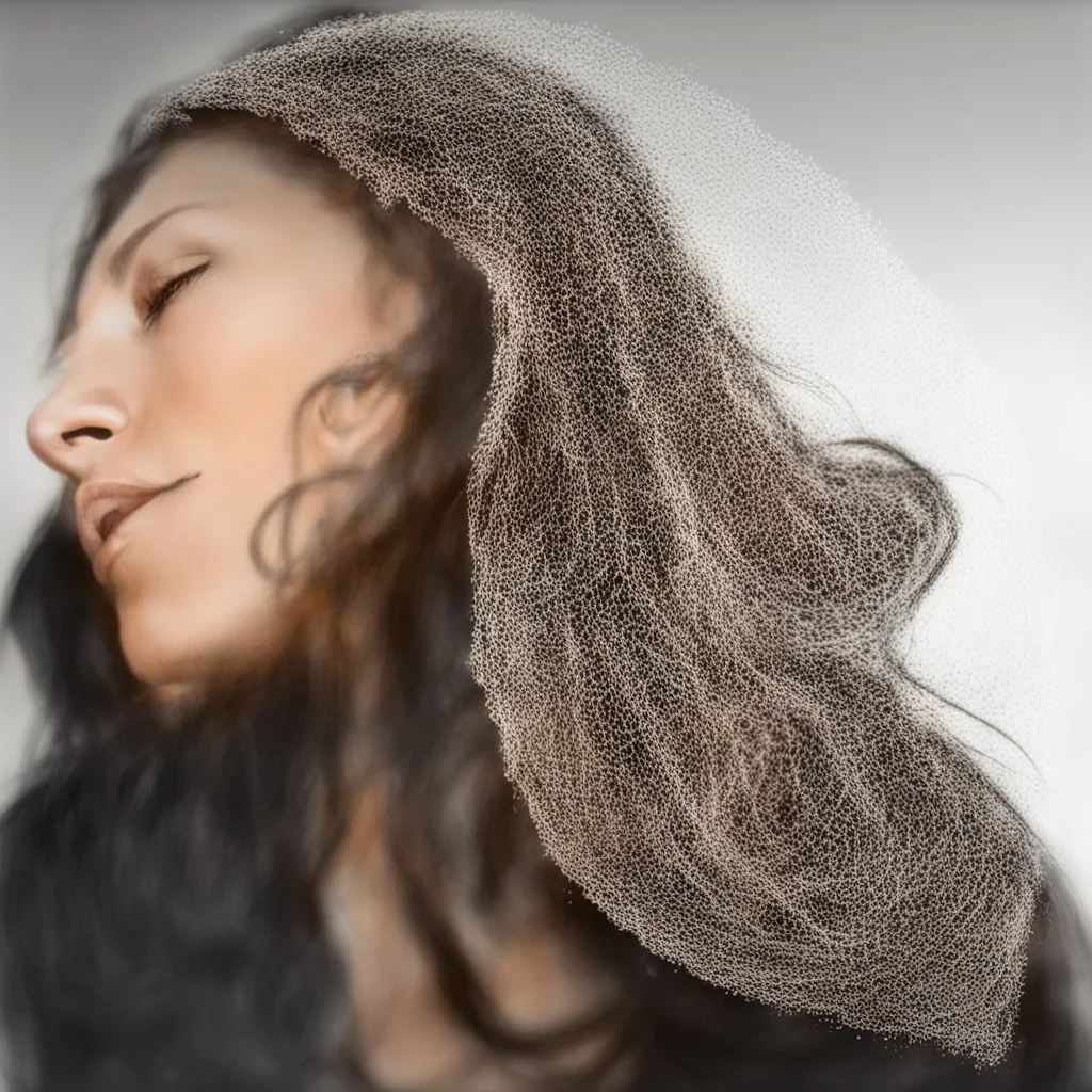 dibujo en grafito hiper realista de rostro mujer 35 años pelo negro suelto labios definidos, de frente tres cuartos perfil