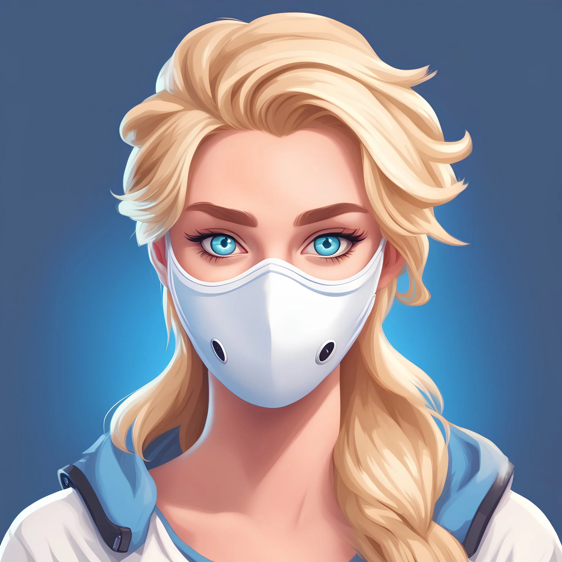 A channel with blonde hair, wearing a white mask and blue eyes, and appears like a YouTuber in a cartoon style. Banner girl