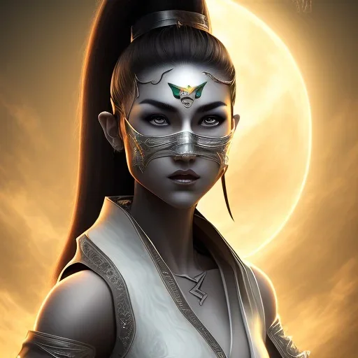 jade, mortal kombat, face, mouth open, white clothes, white ninja mask, black hair, brown eyes, woman, darker skin tone