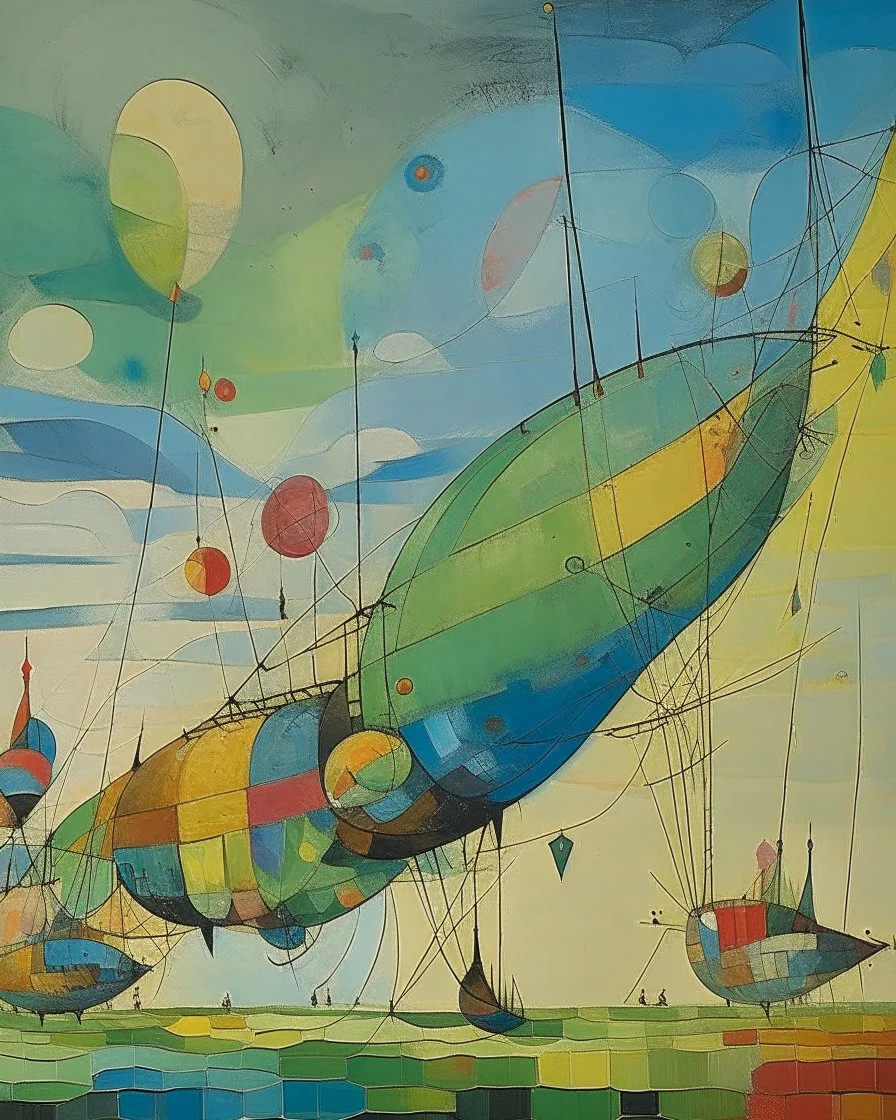 A mint colored sky with airships painted by Wassily Kandinsky