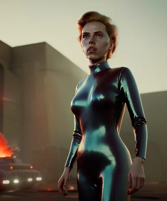 retro sci-fi portrait image from 1990, supermarket parking explosion, fire, scared people, blonde woman walking, young Scarlett Johansson face, tight latex suit, soft color, highly detailed, unreal engine 5, ray tracing, RTX, lumen lighting, ultra detail, volumetric lighting, 3d, finely drawn, high definition, high resolution.