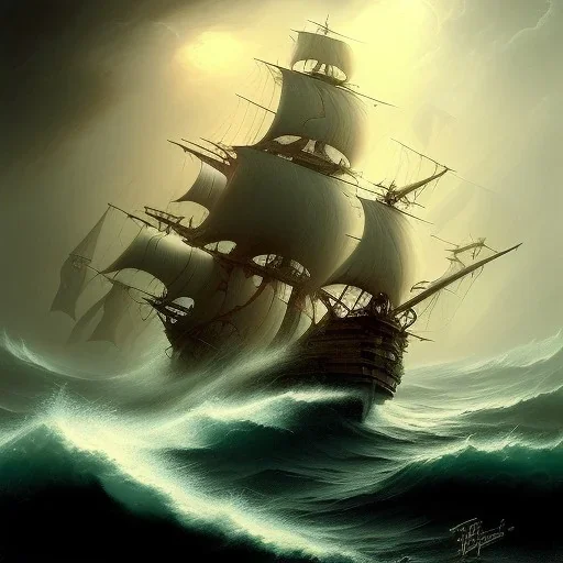 frank frazetta style, pirate ship, ocean, storm, night, sea monster