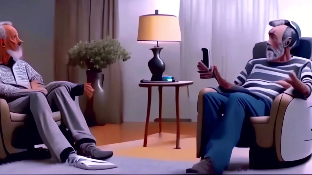 man sitting ALONE in his lazy boy chair at home argues with his AI clone on the phone