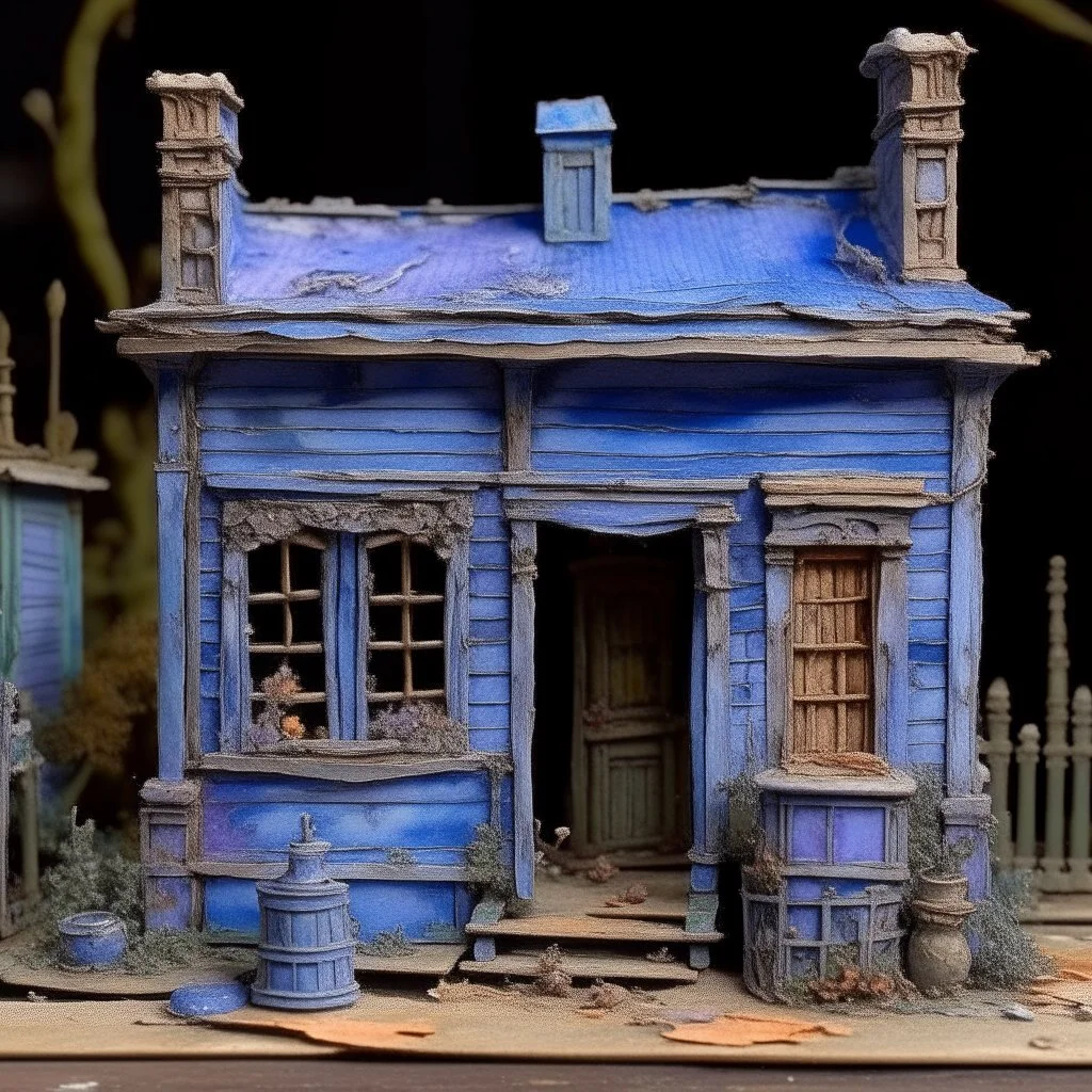 A pale purplish periwinkle haunted rotting toy workshop painted by Claude Monet