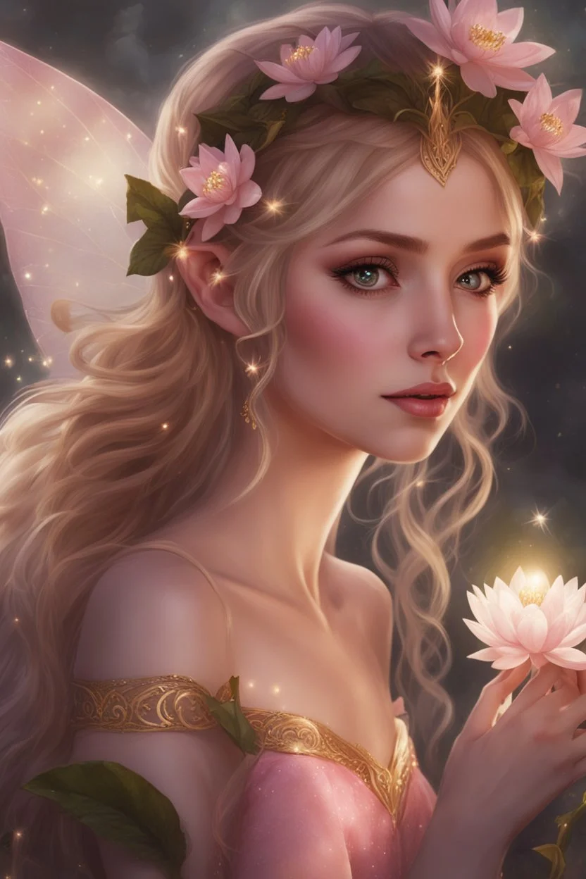 Pointed elven ears,Blonde hair ,Pink dress,Sparkling fairy wings,Very long golden hair,Fairy crown,pointed ears,elven ears,fairy wings,water lilies,sparkling,glittering,flowers,blossoms,golden crown,light pink dress