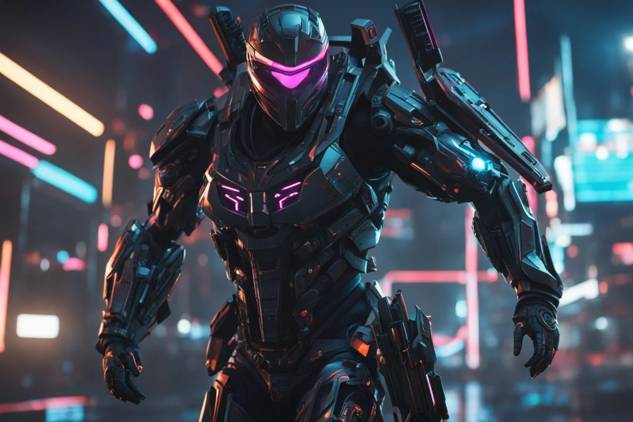 Cyber Machine in 4k realistic cg artstyle, ninja them, neon details, full body, apocalypse, intricate details, highly detailed, high details, detailed portrait, masterpiece,ultra detailed,best quality