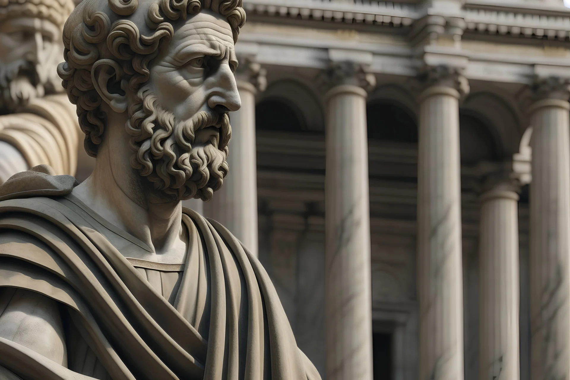 marcus aurelius deep thinking in a philosophical way in front of a temple