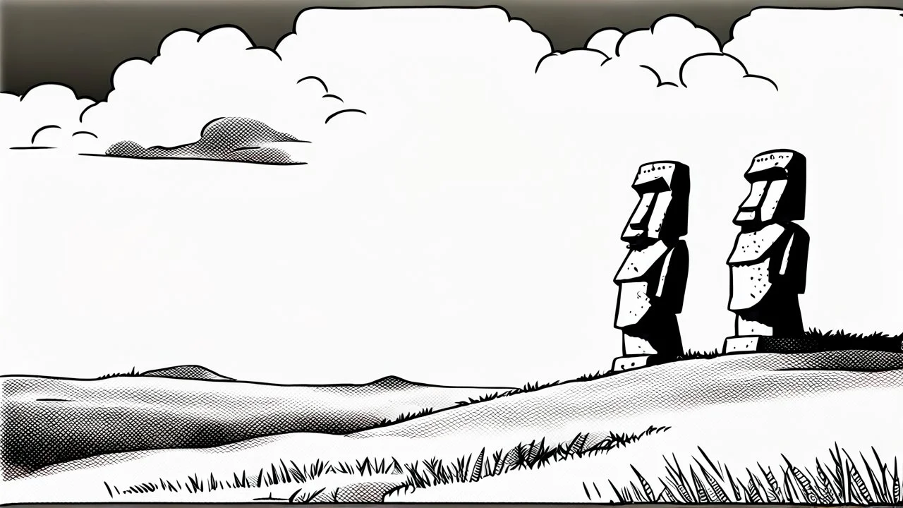 moai, manga, monochrome, black background, sketch, simple, maximum quality, broken hinge, barely functioning, centered on frame, far view, in the middle of a grassy hill, white sky with cumulonimbus