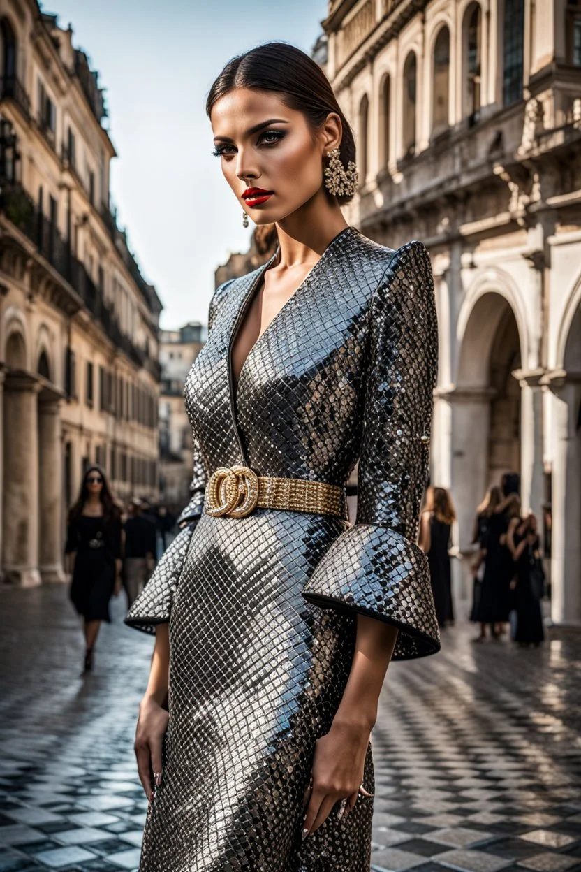 Beautiful model female fashion vogue style, portraits with dresses Gucci, Balenciaga, Chanel, background Rome via Nazionale, via Condotti, Piazza di Spagna, Dramatic ambience, wearing shining Diamond Jewelry, in sharp focus, post – processing, perfect composition, global illumination, Canon EF 16 – 35mm f/ 2. 8L III USM Lens on a Canon EOS 5D Mark IV camera, Cinematic lighting, Dramatic lighting, sharp focus, photorealistic, Ultimate Luxury, romantic mood, expressions, 4k, 8k, 16k, full ultra hd