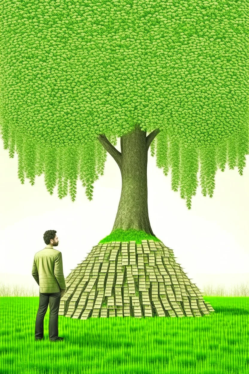 small man looking at big tree full of cash notes