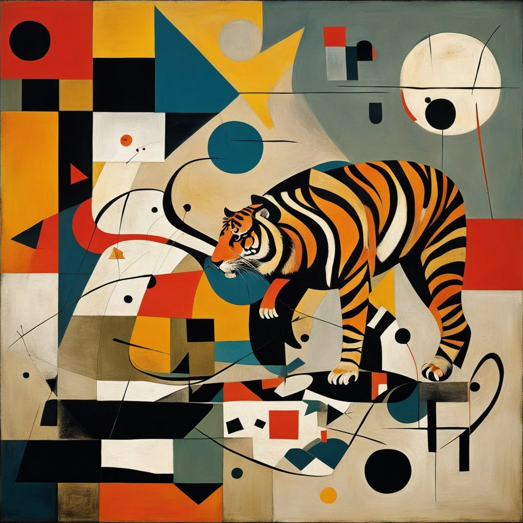 Abstract art, surreal fragmented tiger composition by JOan Miro and Victor Pasmore and Graham Sutherland and VS Gaitonde, primary sharp colors. precise colliding geometric shapes, asymmetry