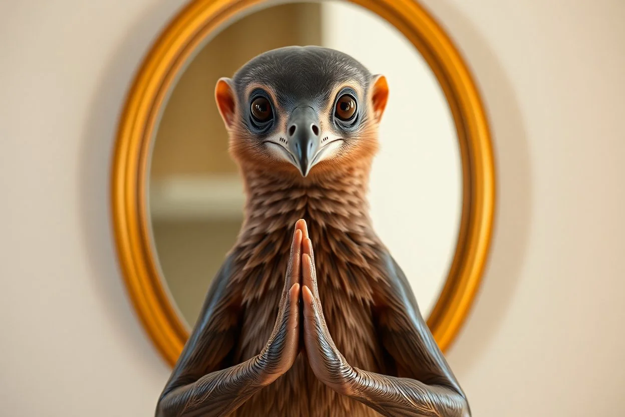 full body portrait of humanoid weasel shiny yoga peach crow semi transparent hypnotic kind eyes in front of mirror