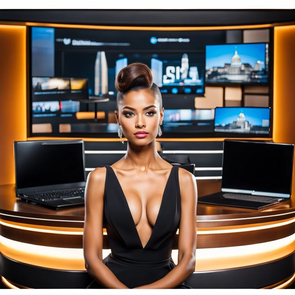 amodern tv studio a beautiful girl perfect face sitting next to desk in talk show looking at camera