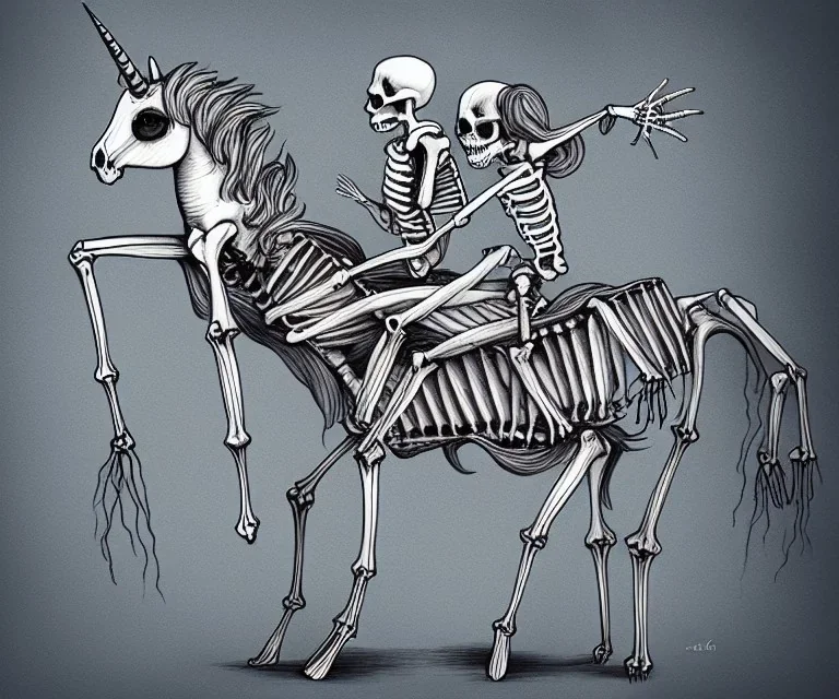 A unicorn being ridden by a skeleton, by Elena xausa