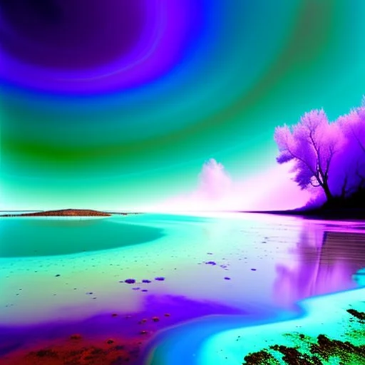 beautiful turquois sky violently exploding and bleeding out dirty upstream colors of purple, green, and brown, surreal, dreamlike