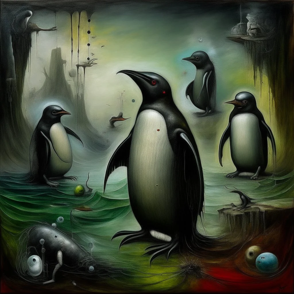 Creepy sepsis metaphoric image, failing the biomorphic penguin inquisition, surreal, sinister, profound, dramatic, oil painting, fantastical, by VS Gaitonde and Duy Hunyh and Desmond Morris