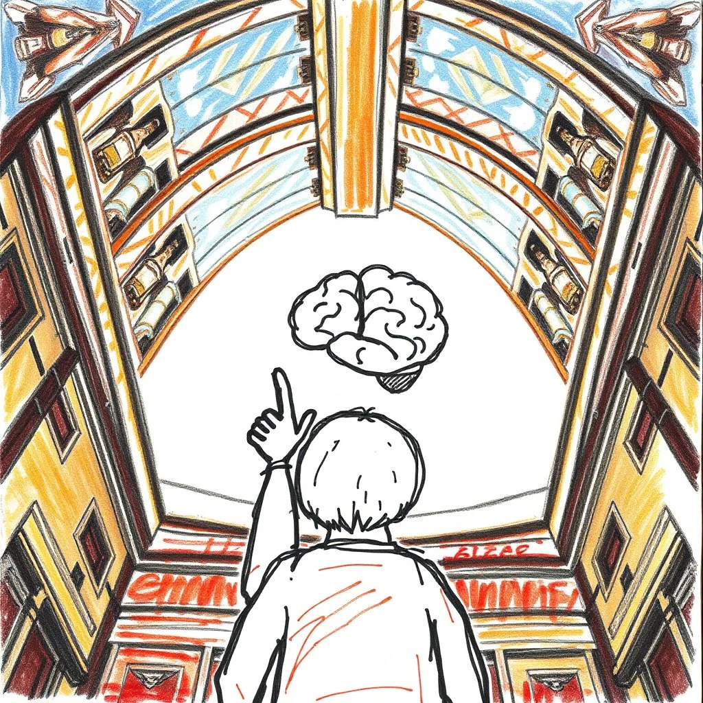 looking up at a roof of the Sistine chapel but it has a crude crayon drawing of a stick figure old man touching a rough outline of a brain with one finger, kids quick sketch with little artistic merit, stick figure drawing, crayon signature says "BILLY" in a child's scrawl with the 'B' backwards, concept art, hyperreal