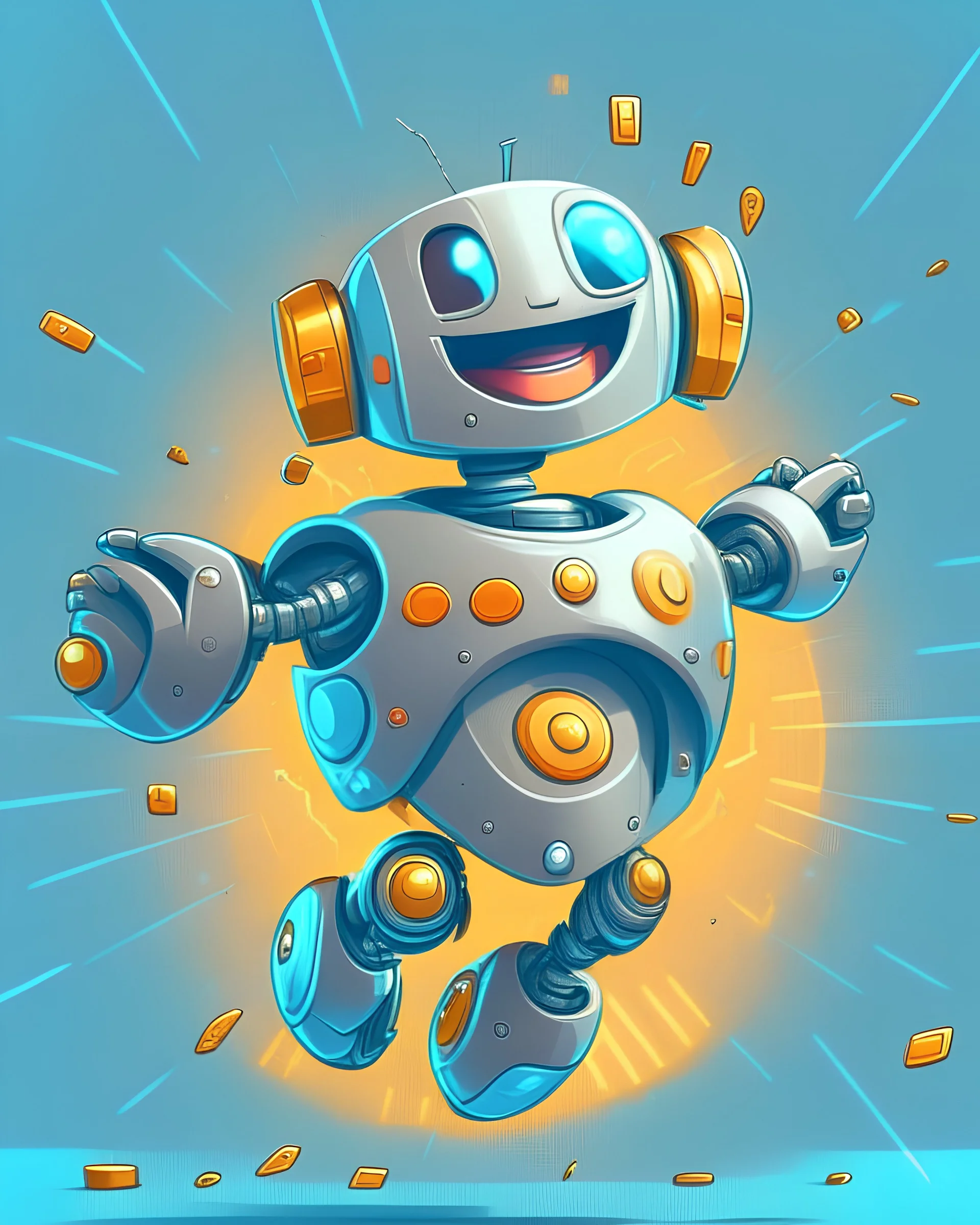 an mascot robot, smiling, modern robot, round robot, cartoon, flying, super hero pose, crypto coins background