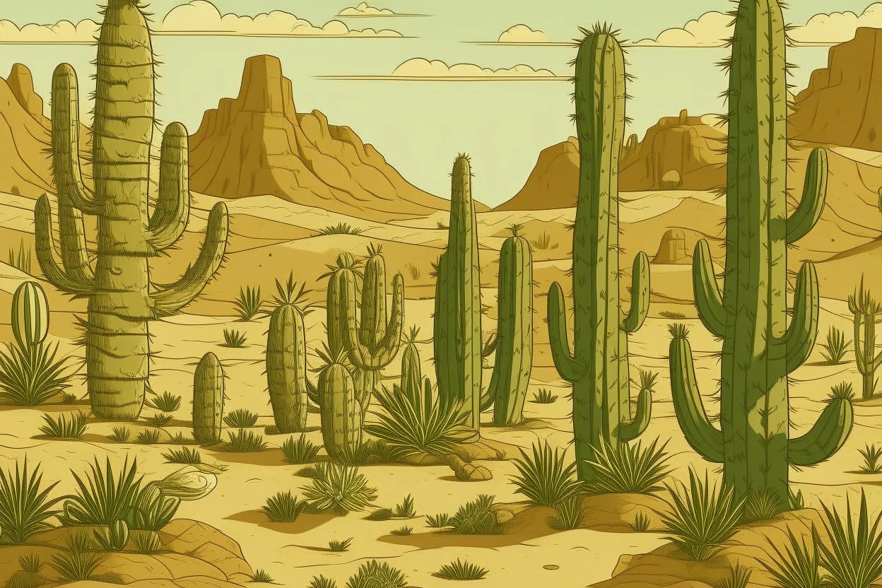 A tan sandy desert with cactuses designed in Bayeux tapestry painted by Jeffrey Kolker