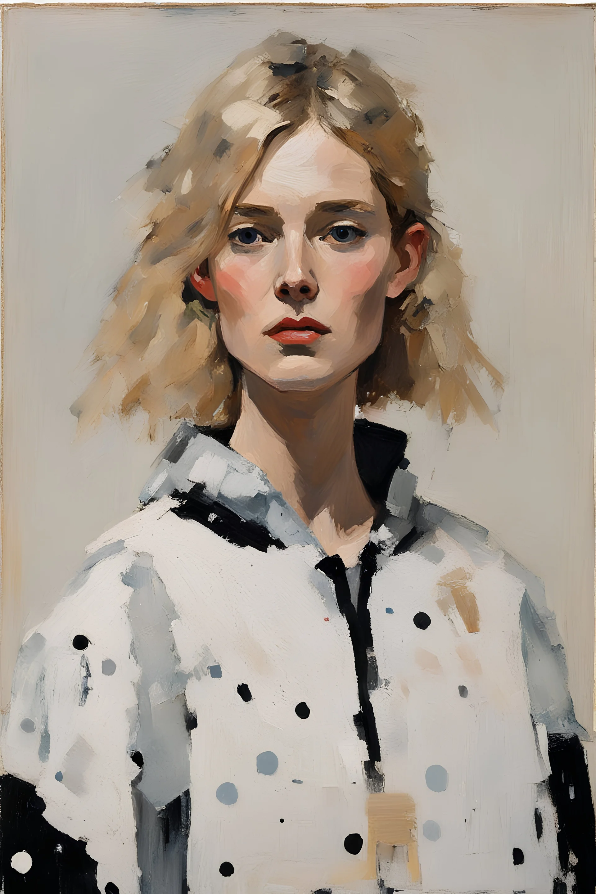 Euan Uglow oil impasto painting Portrait of beautiful female supermodel, Features: with blonde hair, Clothing: Wearing a futuristic black poncho with white dots everywhere, distressed style, designed by Nike and Tom Sachs, Settings: professional color grading