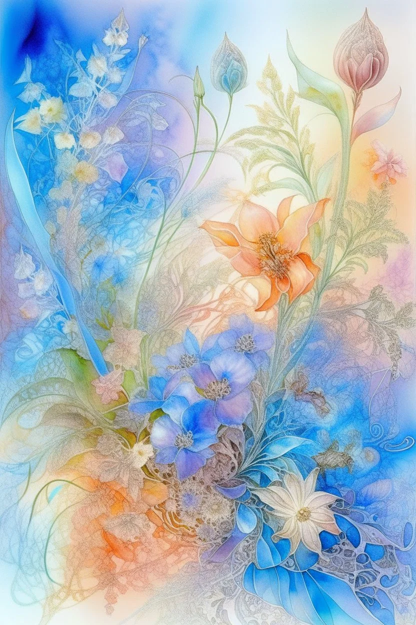 watercolor with rendering, glitter, fantastic delicate translucent flowers, translucent fabulous bouquet, filigree, foxtail, gypsophila, irises, lilac, neon, pastel tones, mint, peach, pearl fastening, filigree, UHD, hyperdetalized, macro photography, lots of details, three-dimensional drawing, botanical, ultramarine haze, high quality, yulsemia,