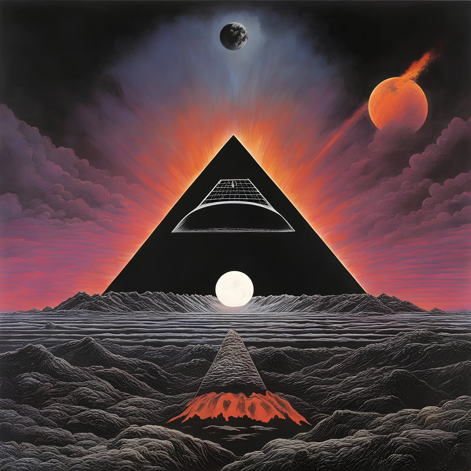 Iconic "dark Side of the Moon" album cover but instead its made for "Paranoid" by "Black Sabbath", hipgnosis studios, sinister, macabre heavy metal style elements.