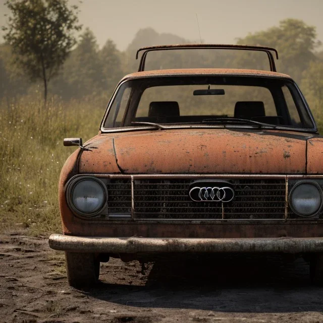 an Audi 2000 rust 2-door overgrown by with dust ,ultra realistic,concept, 4k ,on street,8k resolution, high-quality, fine-detail, parked in crowded city winter