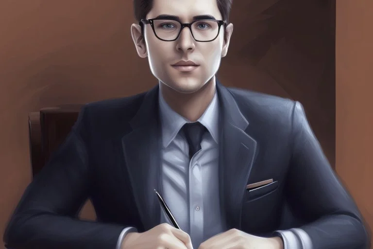 Man sitting at desk, portrait, speech, nametag, glasses, suit; comic style, caricature, sketch art; black and white; grayscale, pencil drawing