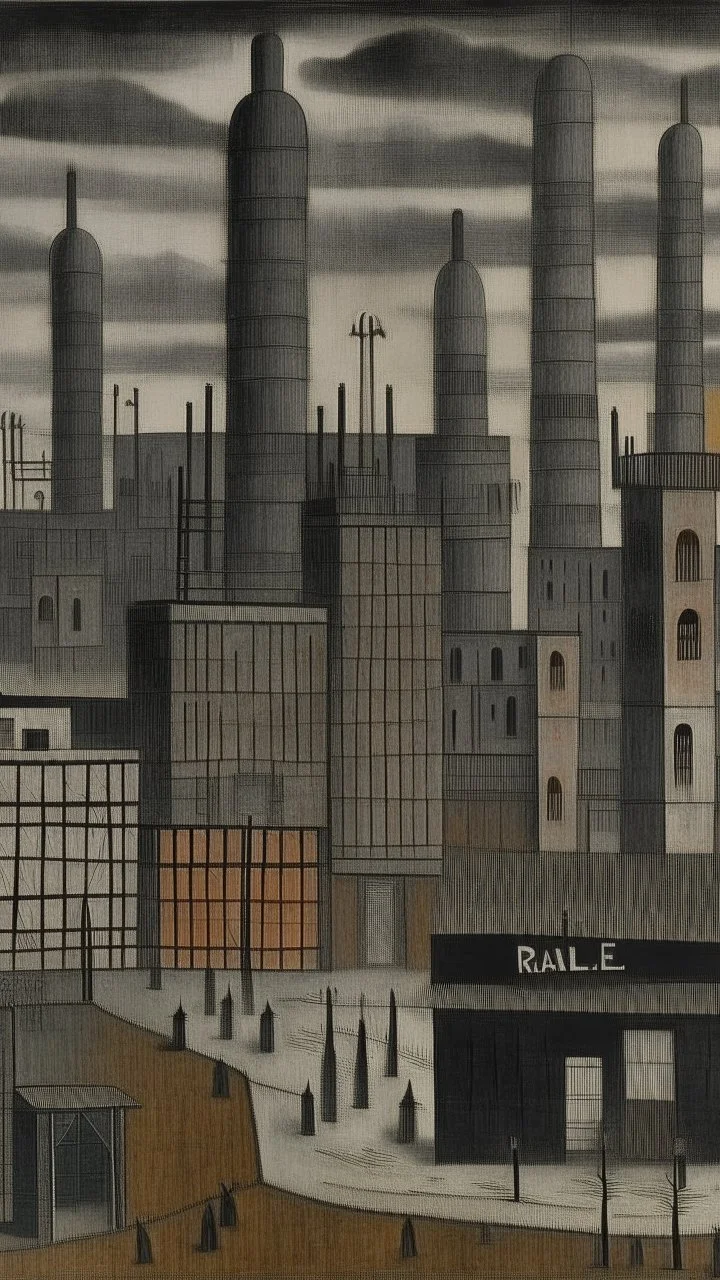 A dark gray ominous mega factory painted by Paul Klee