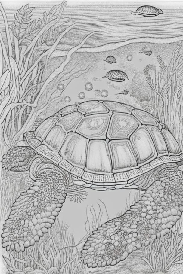 coloring book page of a magical turtle, monochrome, black and white, sharp, sketch drawing