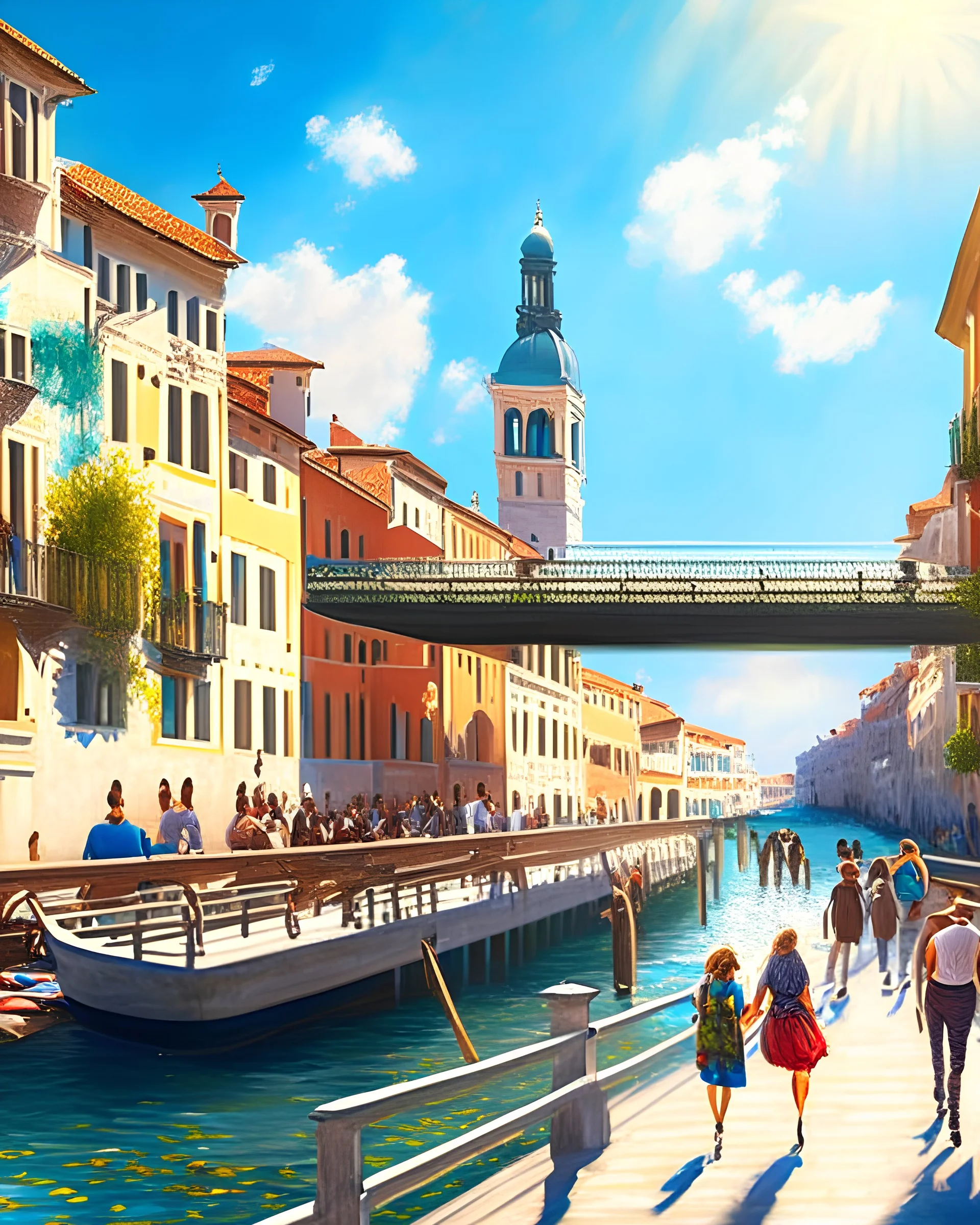 Arte digital fotorrealista de Venecia canal puente peatonal gente cielo soleado obra de arte 4k