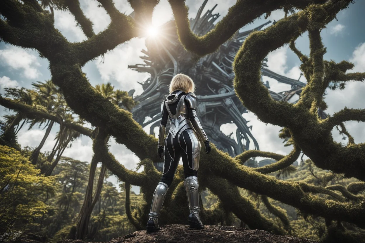Wide angle photo of a slim sci-fi woman with blond hair, wearing a silver and black futuristic spacesuit looking android-like, standing on a derelict alien cloud tree jungle planet