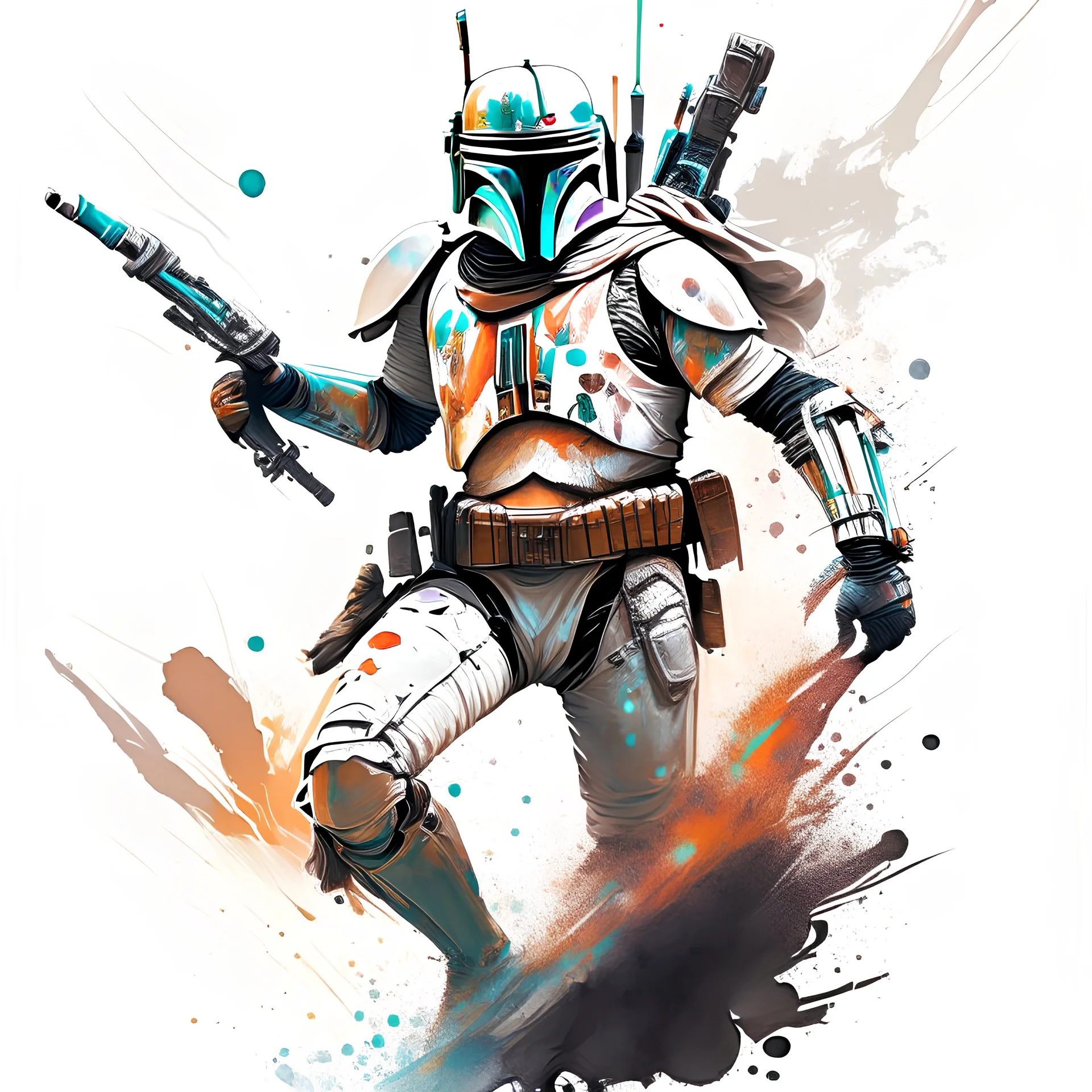 mandalorian star wars, high detailed concept art, front facing, dynamic pose, full body, disney, white background color, t-shirt design,