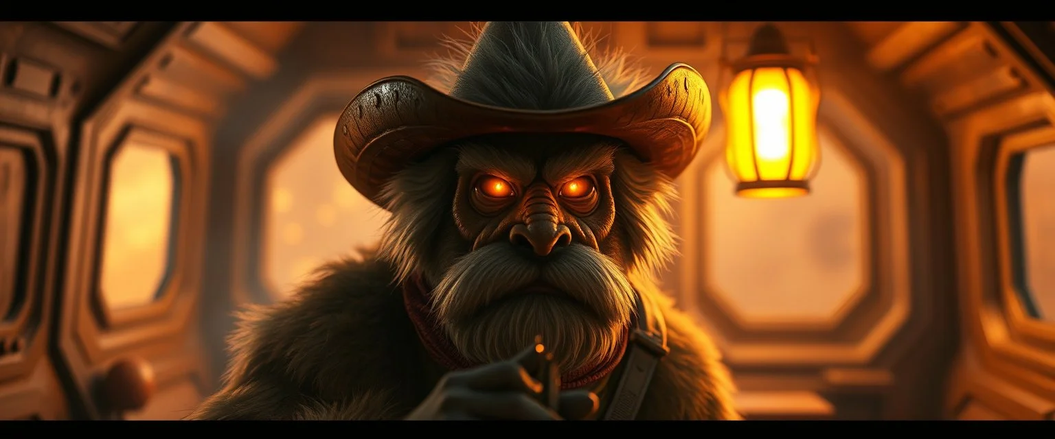 air brush 3d with pen outline,seasoned gunslinger western fluffy elder edgy hero with slightly glowing eyes in front of glistening space lobster dog, shallow depth of field, warm lantern, pin hole cam in doll house space ship, bottom floor board edge border