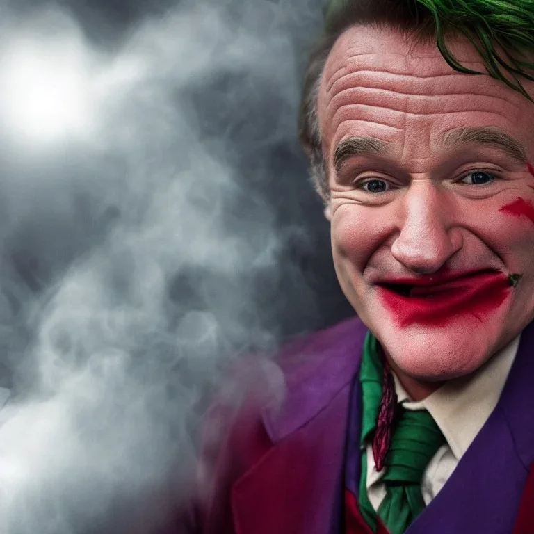 Robin Williams as the joker from dc comics, dramatic light, close up, smoky background, high detail, cinematic, vignette