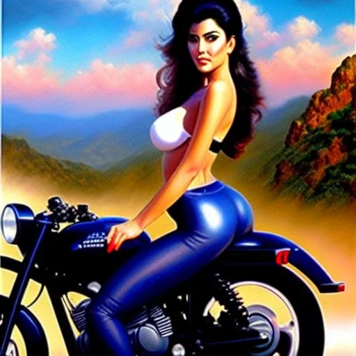 portrait of busty beautiful 'Female Rider on Akira's Bike',painting by Earl Norem, simon Bisley, evan lee, 86-86, oil on canvas, cinematic composition, extreme detail,fit full head inside picture,8k