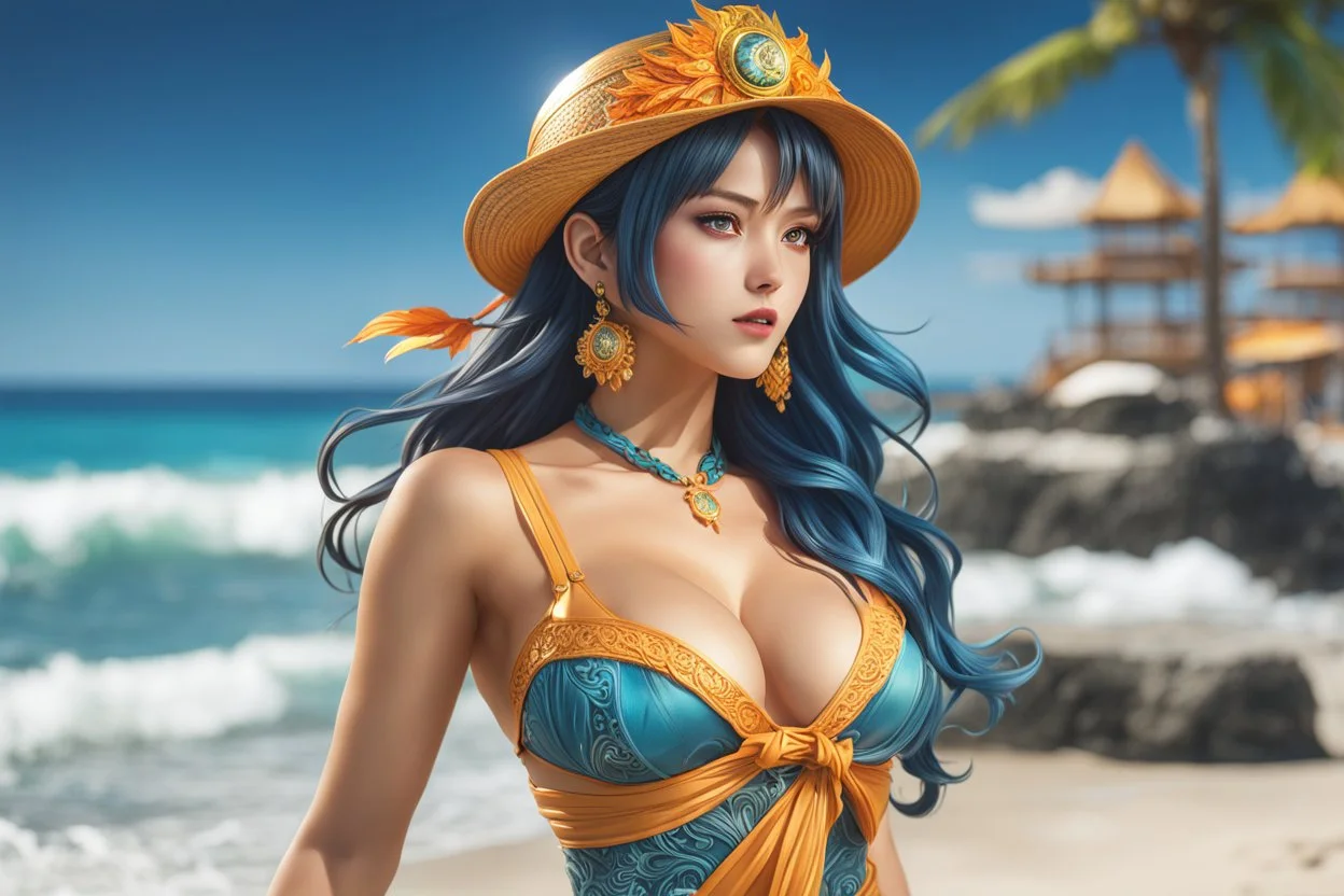 Hot Nami in 8k live action anime artstyle, beach custom, dynamic pose, intricate details, highly detailed, high details, detailed portrait, masterpiece,ultra detailed, ultra quality