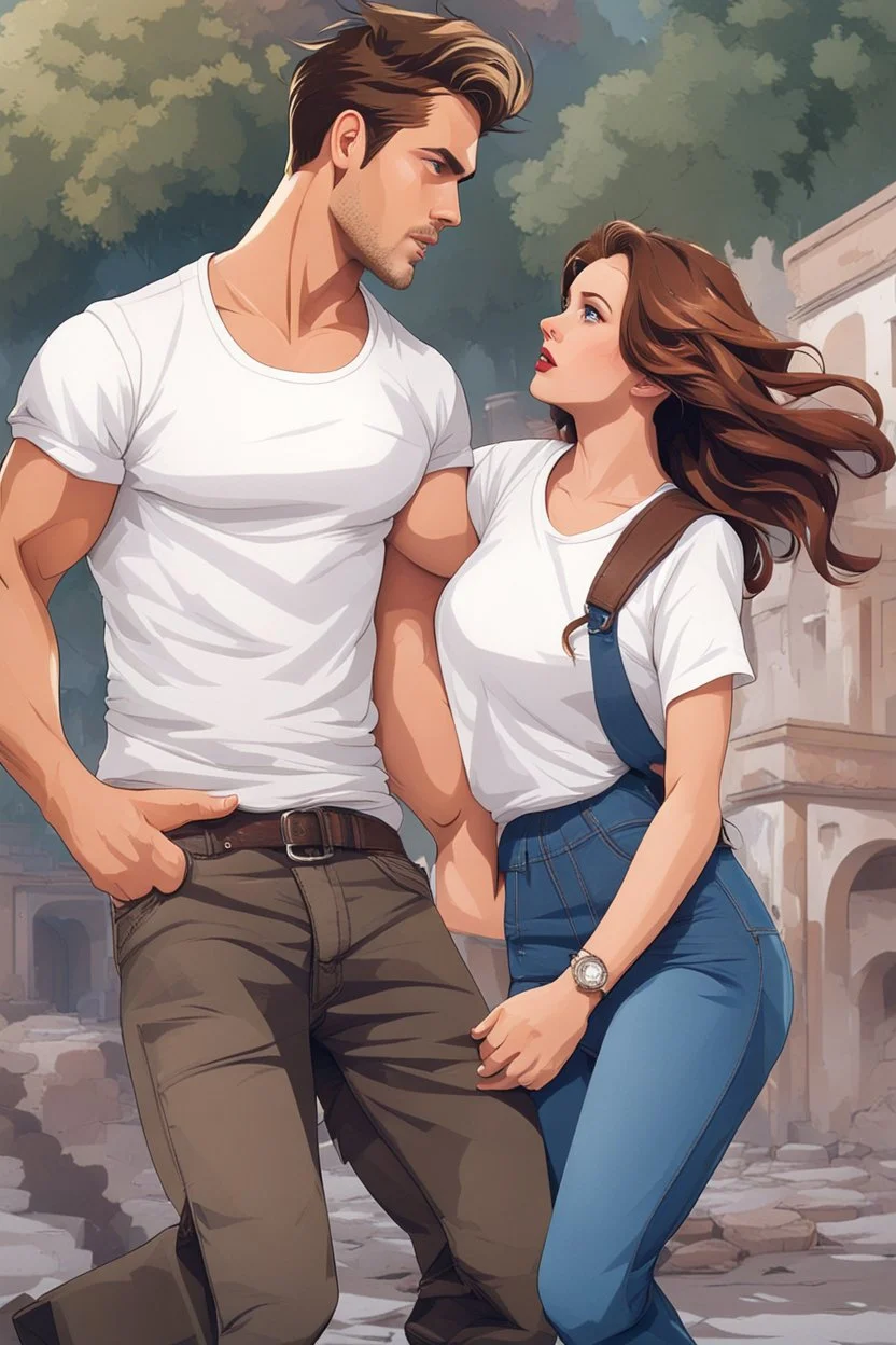 very beautiful man, late 20s, piercing blue eyes, wearing a white T-shirt tucked into jeans, looking panicked, shielding girlfriend during an earthquake