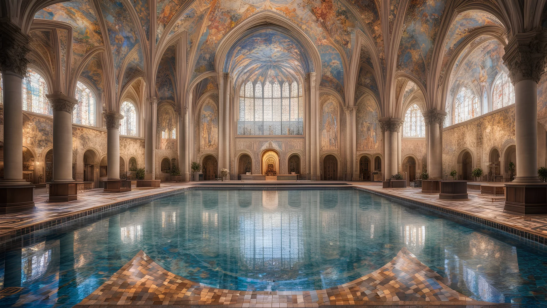 Superb symmetrical pictorial multicoloured mosaic floor, walls with pictures of bathers and swimmers, swimming pool, bathers, swimmers, water feature, symmetrical cathedral style high ceiling, relaxation, luxury, dream world, calm beauty, symmetry, fantasy world, magic, beautiful symmetrical composition, exquisite detail, 135mm lens, adjust perspective, chiaroscuro, night, darkness, dramatic lighting