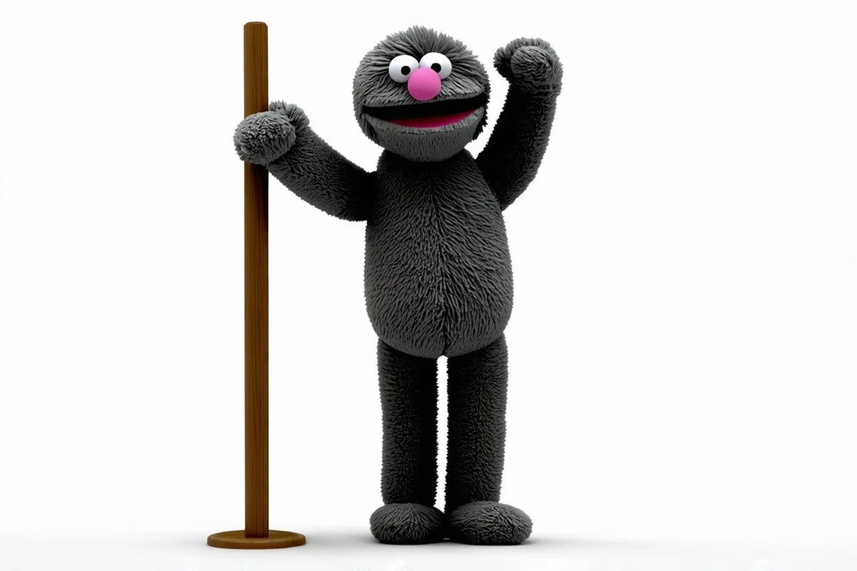 Scruffy fluffy grey puppet plush character, holding with both hands onto a post while being blown vertically by the wind storm, extending vertically, comedic trope, on white background
