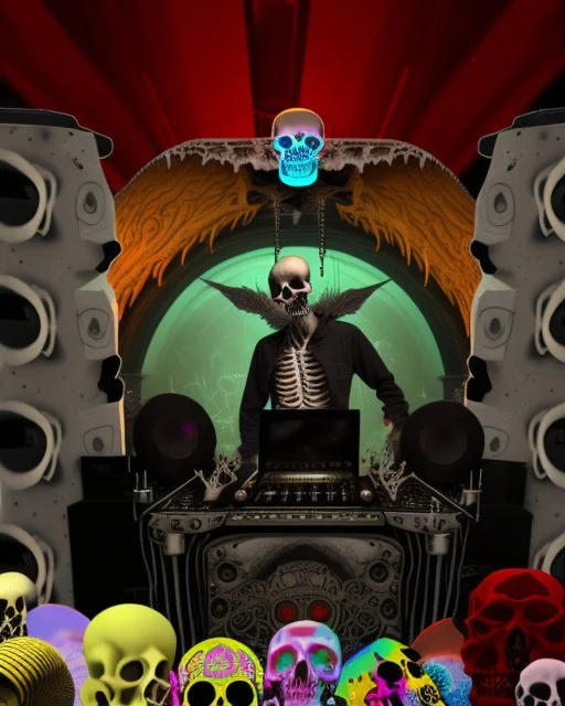 DJ of the damnded, insanely detailed DJ booth in hell, MID set, speakers and equipment made of bone, anatomically correct,